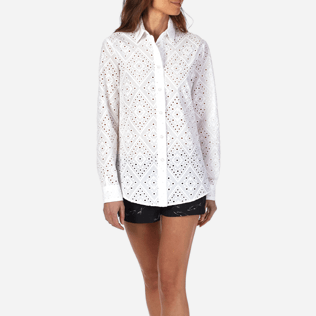 Mujer Camisetas Bordado - Camisa de algodón anudada alrededor del cuello con bordado de troquelado para mujer, Blanco supp1 Mujer Camisetas Bordado - Camisa de algodón anudada alrededor del cuello con bordado de troquelado para mujer, Blanco supp1