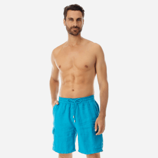 Hombre Autros Liso - Bermudas tipo cargo en lino de color liso para hombre, Seychelles frontworn Hombre Autros Liso - Bermudas tipo cargo en lino de color liso para hombre, Seychelles frontworn