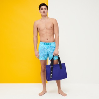 Andere Uni - Kleine Einfarbige Strandtasche aus Baumwolle, Purple blue Vorderseite getragene Ansicht