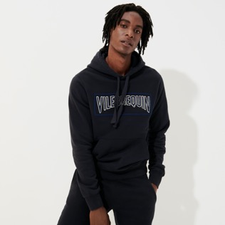 Men Others Embroidered - Men Embroidered Cotton Hoodie Sweatshirt Solid, Navy front worn view