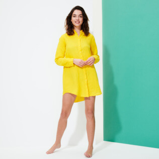 Mujer Autros Liso - Vestido camisero de lino de color liso para mujer, Safran supp3 Mujer Autros Liso - Vestido camisero de lino de color liso para mujer, Safran supp3