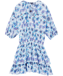 Women Others Printed - Women Short Ruffles Cotton Dress Flash Flowers, Purple blue front view