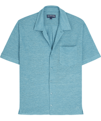 Unisex Linen Bowling Shirt Solid Heather azure front view