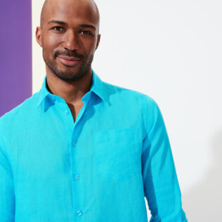Hombre Autros Liso - Camisa de lino lisa para hombre, Celeste detalles vista 1