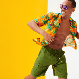 Hombre Autros Liso - Bermudas tipo cargo en lino de color liso para hombre, Sicomoro detalles vista 1