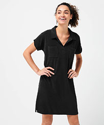 Women Others Solid - Women Terry Long Polo Dress, Black front worn view
