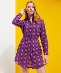 Donna Altri Stampato - Women Cotton Shirt Dress Hypno Shell, Blu marine vista frontale indossata