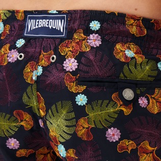 Men Classic Embroidered - Men Swim Trunks Embroidered Mix of Flowers - Limited Edition, Navy details view 2