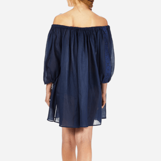 Mujer Vestido Bordado - Vestido en gasa de lino liso con escote bardot para mujer, Azul marino supp2 Mujer Vestido Bordado - Vestido en gasa de lino liso con escote bardot para mujer, Azul marino supp2