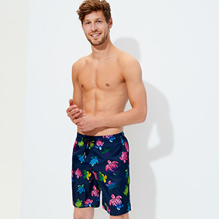 Men Long classic Printed - Men Long Ultra-light and packable Swim Trunks Ronde des Tortues Aquarelle, Navy frontworn Men Long classic Printed - Men Long Ultra-light and packable Swim Trunks Ronde des Tortues Aquarelle, Navy frontworn