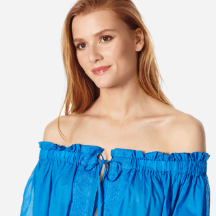 Mujer Autros Liso - Vestido de gasa de algodón con hombros descubiertos para mujer, Atoll supp1 Mujer Autros Liso - Vestido de gasa de algodón con hombros descubiertos para mujer, Atoll supp1