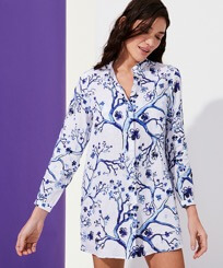 Women Others Printed - Women Linen Shirt Dress Cherry Blossom, Sea blue front worn view