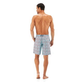 Men Long Printed - Fish Net Long Cut Swim shorts, Frosted blue backworn Men Long Printed - Fish Net Long Cut Swim shorts, Frosted blue backworn