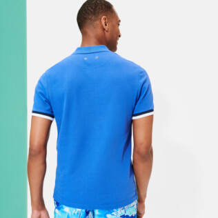 Picture of Men Others Solid - Men Cotton Pique Polo Shirt Solid, Sea blue back worn view Picture of Men Others Solid - Men Cotton Pique Polo Shirt Solid, Sea blue back worn view