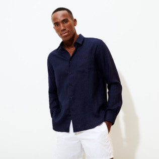 Hombre Autros Liso - Camisa de lino lisa para hombre, Azul marino detalles vista 1