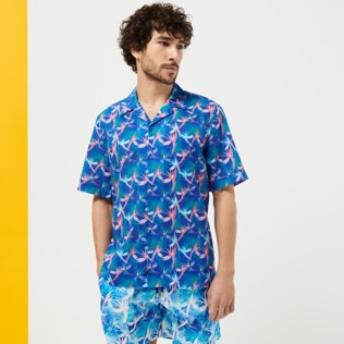 Men Others Printed - Men Bowling Shirt Linen and Cotton Paradise Vintage, Purple blue front worn view