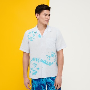 Men Others Printed - Men Bowling Shirt Linen and Cotton Snail Tie & Dye, Azure front worn view
