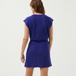 Women Others Solid - Women Short Linen jersey Dress Solid, Purple blue back worn view