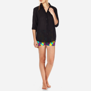 Mujer Autros Liso - Camisa en gasa de algodón liso con tirantes para anudar alrededor del cuello para mujer, Negro frontworn Mujer Autros Liso - Camisa en gasa de algodón liso con tirantes para anudar alrededor del cuello para mujer, Negro frontworn