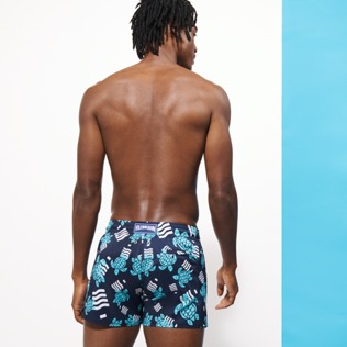Men Short classic Printed - Men Swimwear Short and Fitted Stretch- Plastic Odyssey x Vilebrequin, Navy back worn view