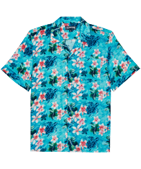 Men Others Printed - Men Bowling Shirt Linen and Cotton Turtles Jungle, Lazulii blue front view