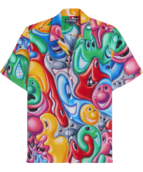 Camicia uomo bowling in lino Faces In Places - Vilebrequin x Kenny Scharf Multicolore vista frontale