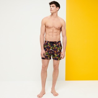 Men Classic Embroidered - Men Swim Trunks Embroidered Mix of Flowers - Limited Edition, Navy front worn view