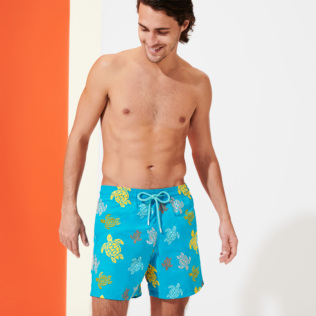 Men Classic Embroidered - Men Swim Trunks Embroidered Ronde Des Tortues, Ming blue front worn view