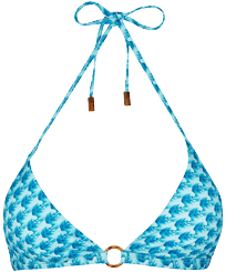 Top de bikini anudado alrededor del cuello con estampado Micro Waves para mujer Lazulii blue vista frontal