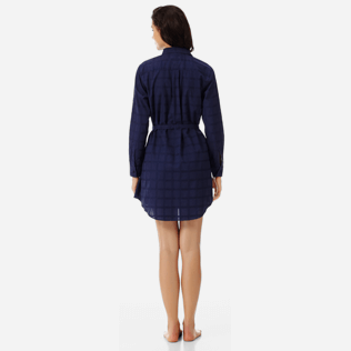 Women Others Graphic - Women Long Cotton voile Shirt Dress Carreaux, Navy backworn Women Others Graphic - Women Long Cotton voile Shirt Dress Carreaux, Navy backworn