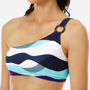 Damen Asymmetrische Bedruckt - Asymmetrisches Ostende Bikinioberteil für Damen, Marineblau supp1 Damen Asymmetrische Bedruckt - Asymmetrisches Ostende Bikinioberteil für Damen, Marineblau supp1