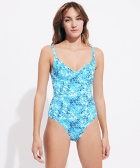 Women One-piece Swimsuit Flowers Tie & Dye Marineblau Vorderseite getragene Ansicht