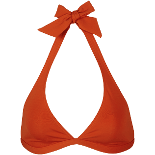 Imagen de Mujer Halter Liso - Top de bikini anudado alrededor del cuello de color liso para mujer, Pimenton vista frontal Imagen de Mujer Halter Liso - Top de bikini anudado alrededor del cuello de color liso para mujer, Pimenton vista frontal