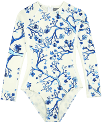 Damen Andere Bedruckt - Langärmeliger Cherry Blossom Rashguard-Badeanzug für Damen, Sea blue Vorderansicht