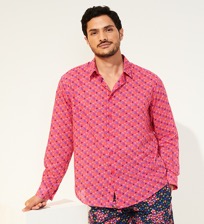 Men Others Printed - Men Cotton Voile Summer Shirt Micro Ronde Des Tortues, Shocking pink front worn view