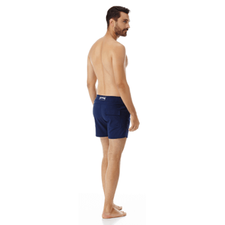 Men Others Solid - Men Flat Belt Stretch Swim Trunks Solid, Navy back worn view
