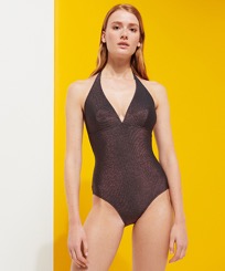 女款 Fitted 纯色 - Women Halter One-Piece Swimsuit Changeant Shiny, Burgundy 正面穿戴视图