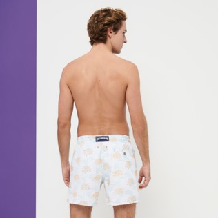 Men Classic Embroidered - Men Swim Trunks Embroidered Iridescent Flowers of Joy - Limited Edition, White back worn view