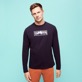 Men Long Sleeves Cotton T-Shirt Embroidered Moutain Patch Navy front worn view