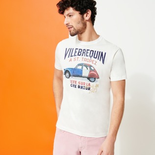 Hombre Autros Estampado - Camiseta sofisticada con logotipo de Vilebrequin y estampado 2 Chevaux French Flag para hombre, Off white vista frontal desgastada