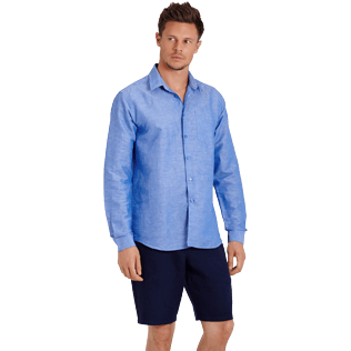 Hombre Autros Liso - Camisa en lino de algodón liso para hombre, Azul neptuno frontworn Hombre Autros Liso - Camisa en lino de algodón liso para hombre, Azul neptuno frontworn
