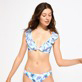 Donna Ferretto Stampato - Top bikini donna all'americana Flash Flowers, Purple blue vista frontale indossata