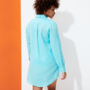 Mujer Autros Liso - Camisa larga en lino de color liso para mujer, Lazulii blue backworn Mujer Autros Liso - Camisa larga en lino de color liso para mujer, Lazulii blue backworn