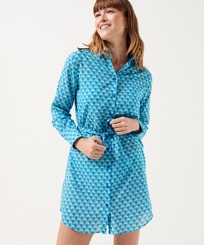 Vestido camisero de algodón con estampado Micro Waves para mujer Lazulii blue vista frontal desgastada