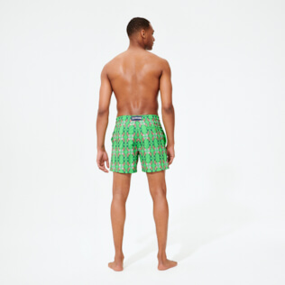 Men Swim Trunks Embroidered Sweet Fishes - Limited Edition Grass green back worn view