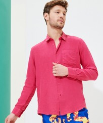 Hombre Autros Liso - Camisa de lino lisa para hombre, Shocking pink vista frontal desgastada