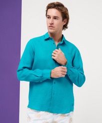 Hombre Autros Liso - Camisa de lino lisa para hombre, Ming blue vista frontal desgastada