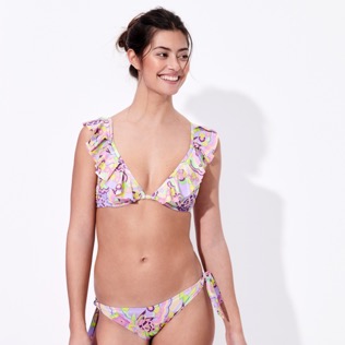 Women Underwire Printed - Women Halter Bikini Top Rainbow Flowers, Cyclamen front worn view