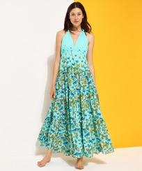 Women Others Printed - Women Low Back and Long Cotton Dress Butterflies, Lagoon front worn view