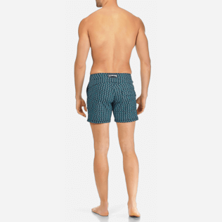 Men Short, Fitted Printed - Men Short and Fitted Stretch Swimwear Modernist Fish, Navy backworn Men Short, Fitted Printed - Men Short and Fitted Stretch Swimwear Modernist Fish, Navy backworn
